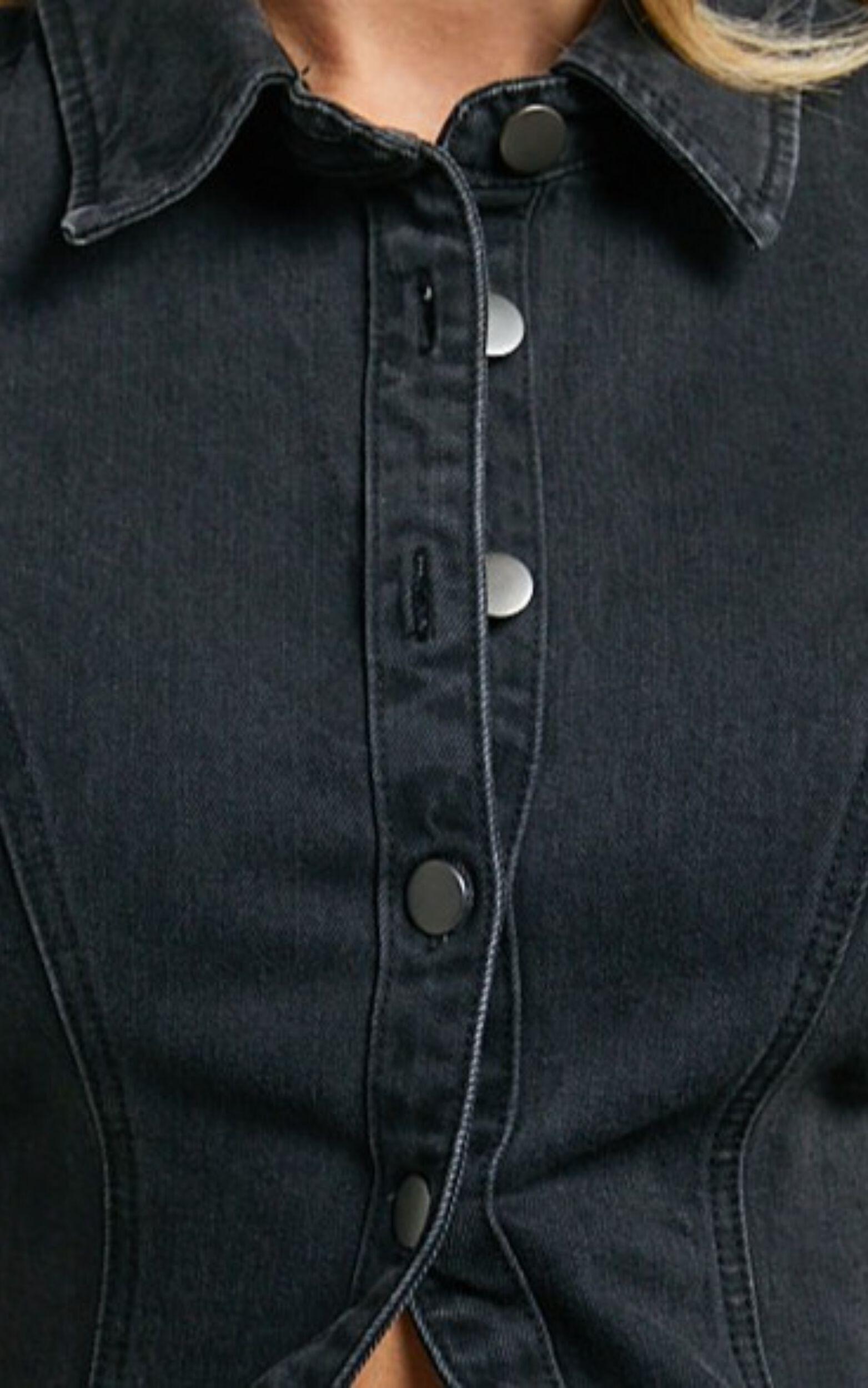 Paige Top - Button Down Short Sleeve Denim Top in Washed Black Product Image