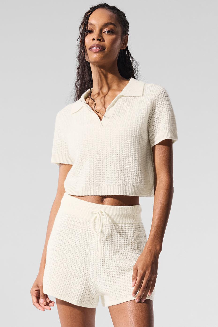 Cashmere Plush Waffle Polo Tee - Ivory Product Image