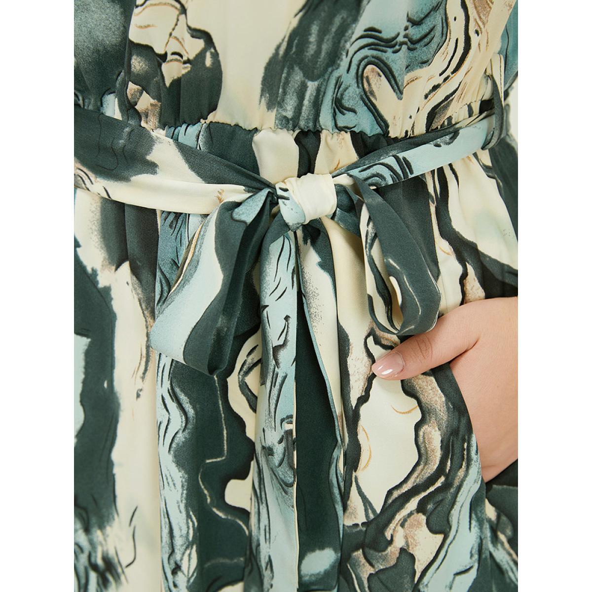 Plus Size Water Ripple Pocket Belt Puff Sleeve Dress Multicolor Women Elegant Round Neck Short sleeve Curvy Midi Dress BloomChic 10/M Product Image