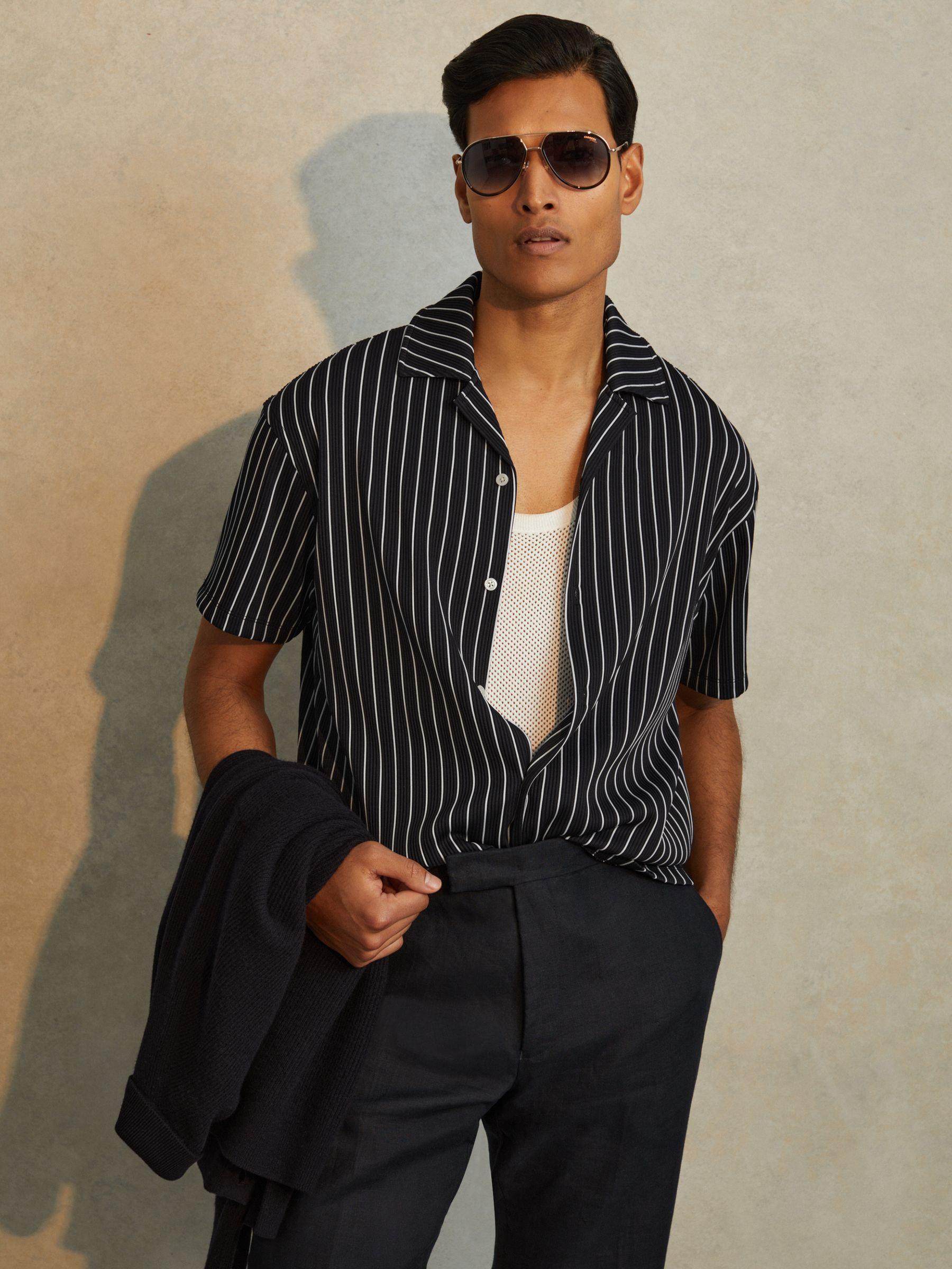 Ribbed Striped Cuban Collar Shirt in Navy/White Product Image