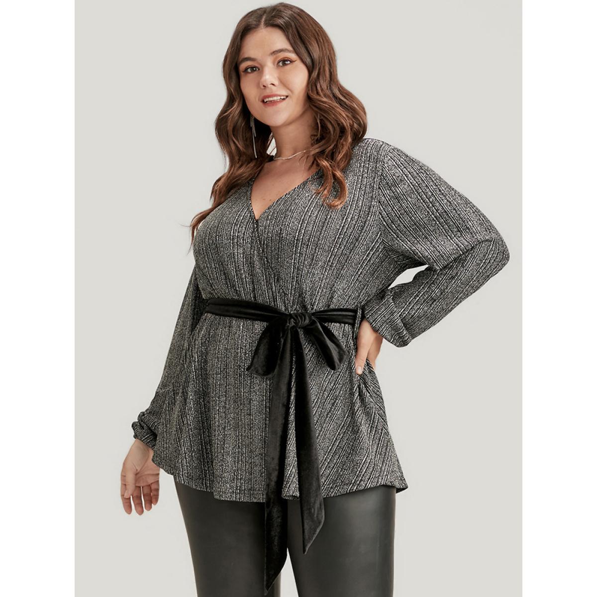 Plus Size Black Solid Wrap Lantern Sleeve Belted Sequin Blouse Women Party Long Sleeve V-neck Going out Blouses BloomChic 10/M Product Image