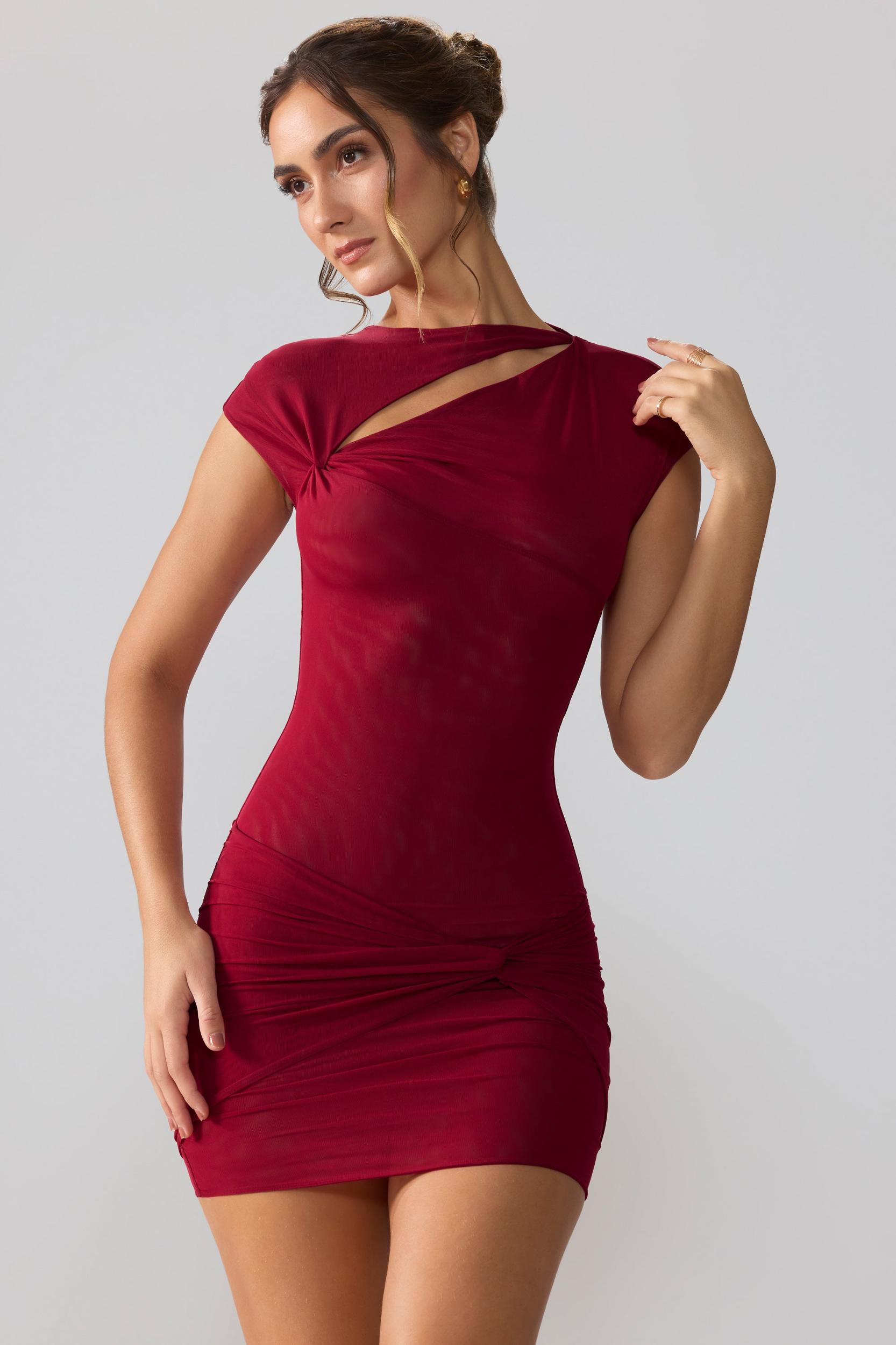 Mesh Cap Sleeve Cut Out Mini Dress in Ruby Product Image