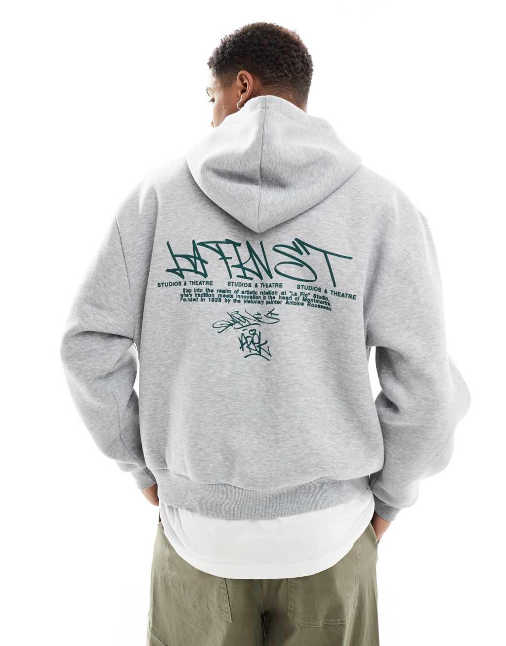 ASOS DESIGN boxy oversized hoodie with seam details and prints in heather gray Product Image