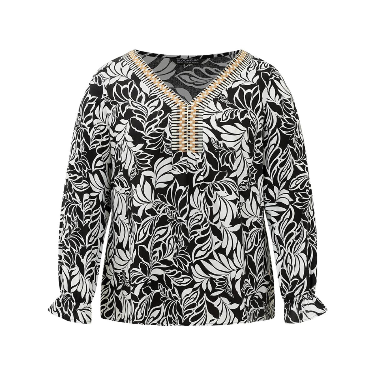 Plus Size Black Silhouette Floral Print Contrast Webbing Blouse Women Vacation Long Sleeve V-neck Vacation Blouses BloomChic 18-20/2X Product Image
