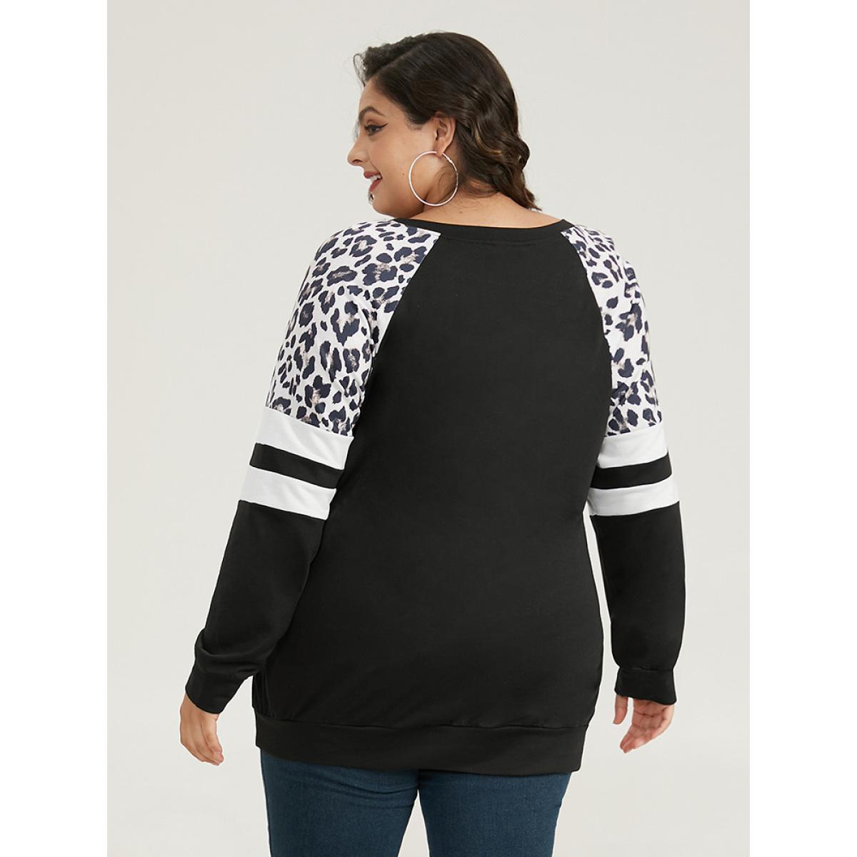 Plus Size Leopard Striped Patchwork Raglan Sleeve Sweatshirt Women Black Casual Contrast Round Neck Dailywear Sweatshirts BloomChic 26/4X Product Image