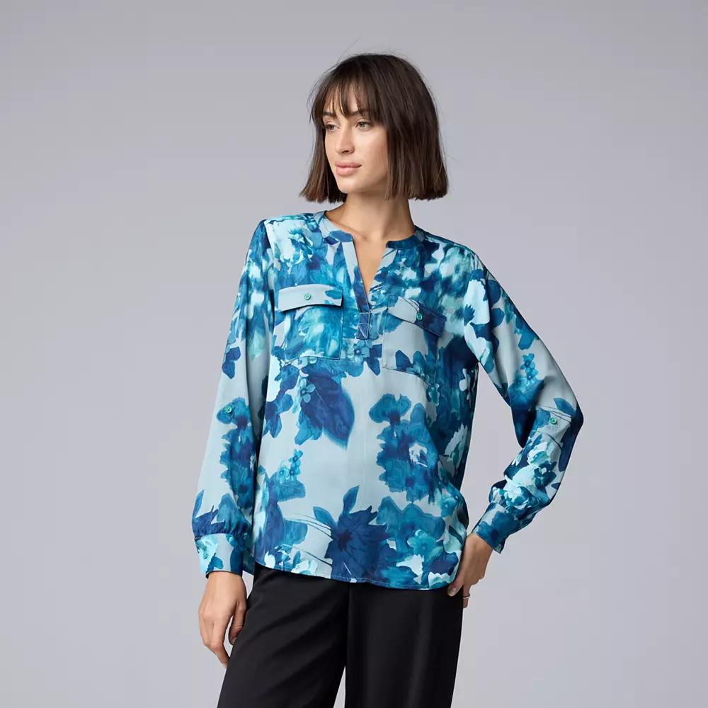 Women's Simply Vera Vera Wang Roll-Tab Popover Blouse, Size: XS, Black Water Floral Product Image