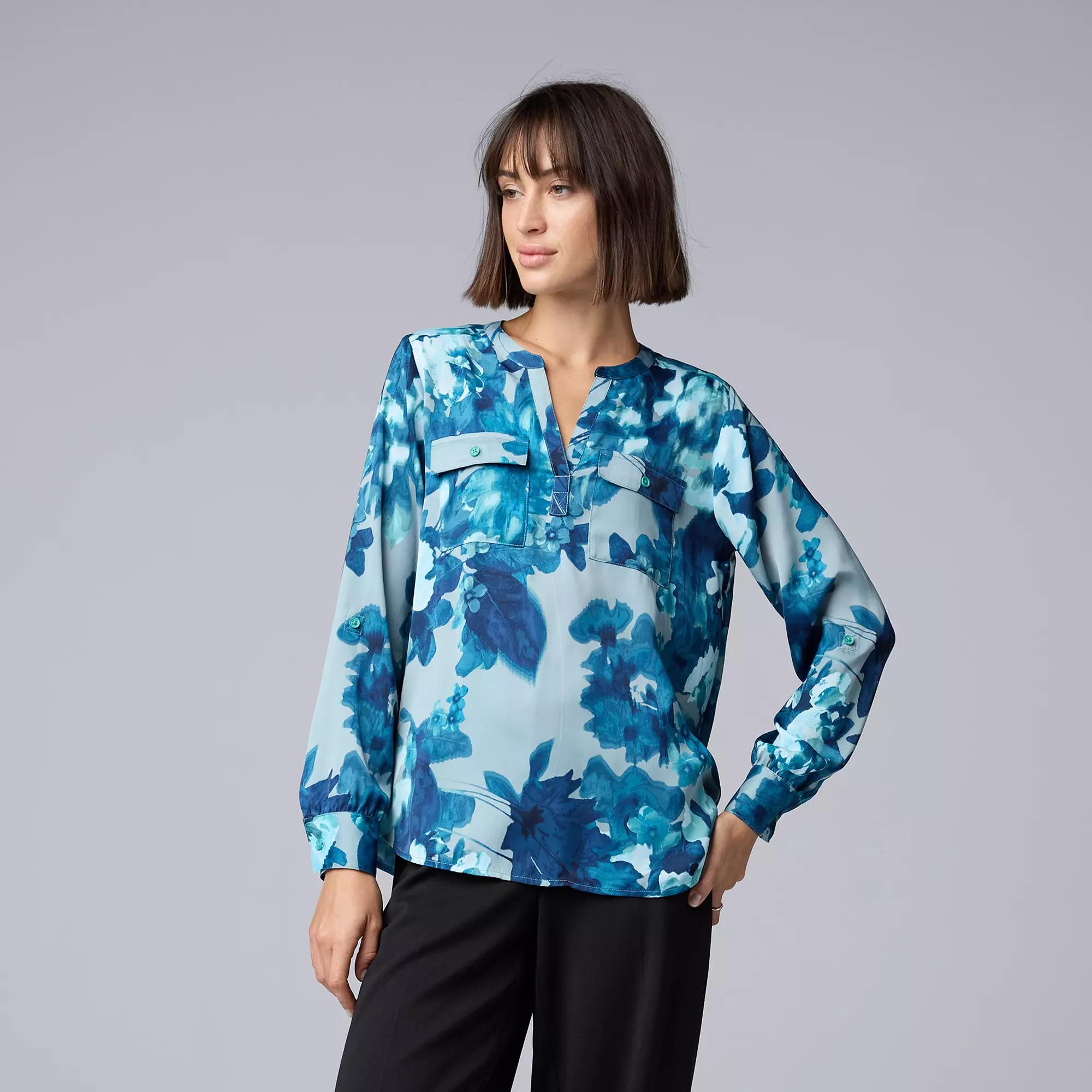 Petite Simply Vera Vera Wang Pockets Roll Tab Popover Blouse, Women's, Size: XS Petite, Blue Med Floral Product Image