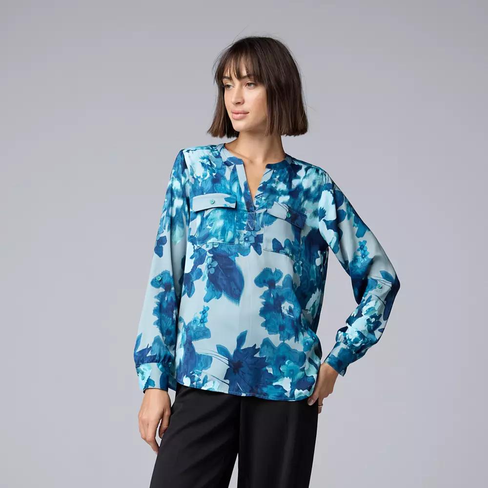 Petite Simply Vera Vera Wang Pockets Roll Tab Popover Blouse, Women's, Size: XS Petite, Blue Med Floral Product Image