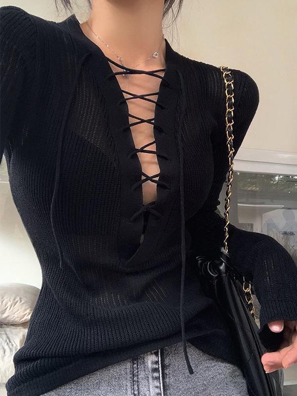 Solid V Neck Lace Up Long Sleeve Knit Product Image