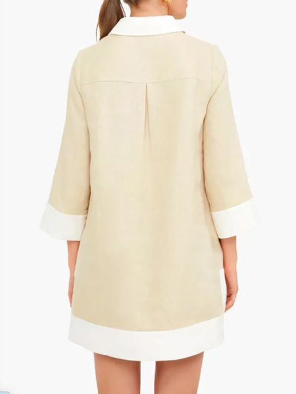 A-Line Loose Buttoned Contrast Color Pockets Stand Collar Mini Dresses Product Image