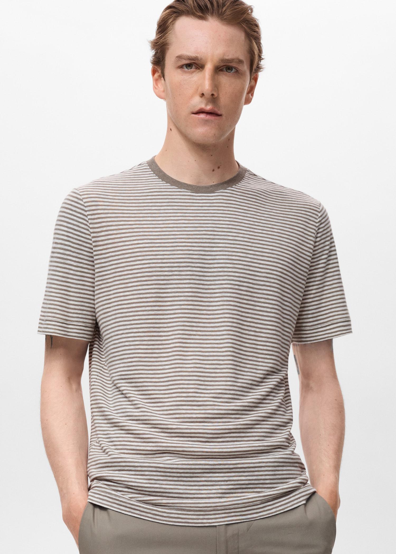 Striped slim-fit linen t-shirt - Men | MANGO USA Product Image