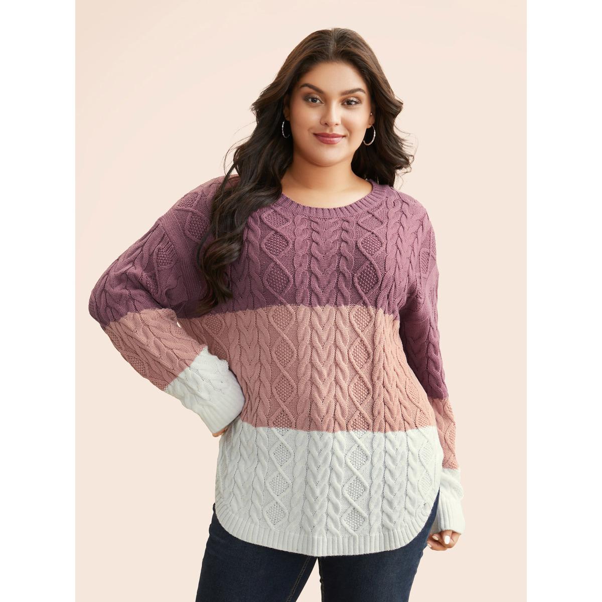 Plus Size Contrast Cable Knit Arc Hem Pullover Lilac Women Casual Loose Long Sleeve Round Neck Everyday Pullovers BloomChic 28/5X Product Image