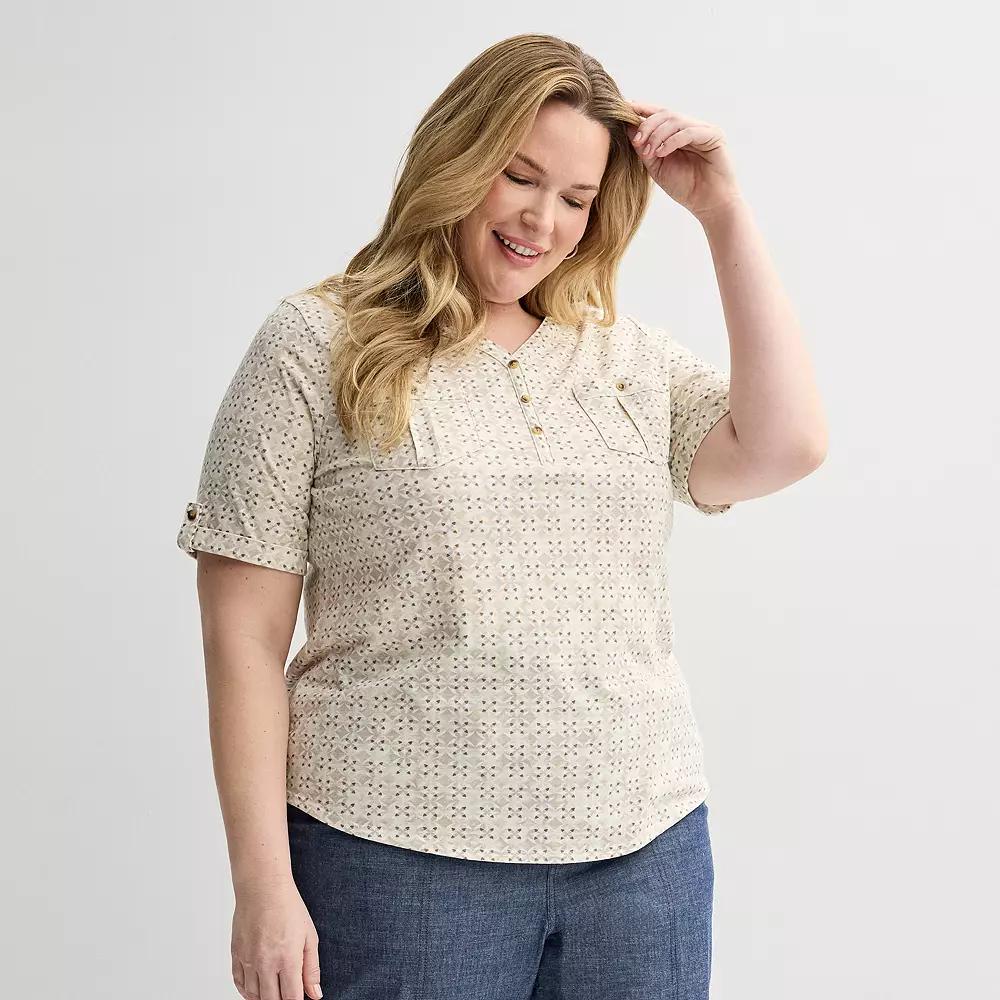 Plus Croft & Barrow® Elbow Sleeve Utility Henley Top, Women's, Size: 0X, Geo Product Image