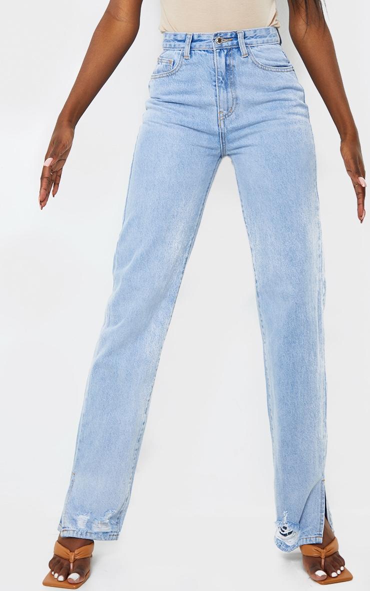 Tall Light Blue Wash Ripped Split Hem Straight Leg Jeans Product Image