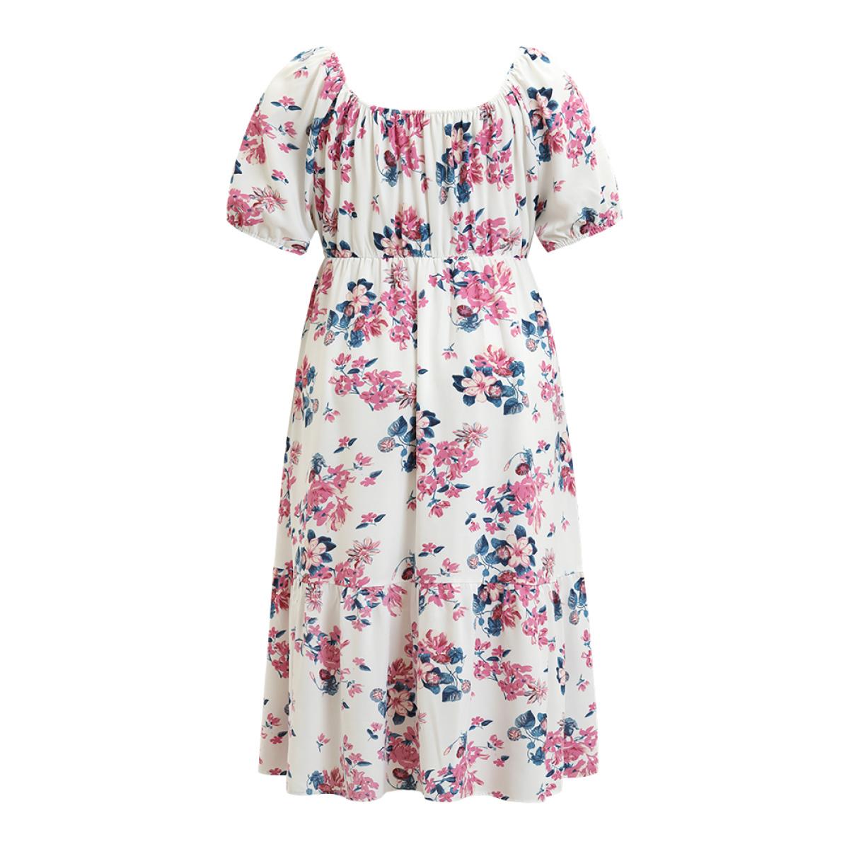 Plus Size Floral Puff Sleeve Pocket Knot Front Scoop Neck Flutter Dress White Women Elegant Lined Scoop Neck Short sleeve Curvy Midi Dress BloomChic 18-20/2X Product Image