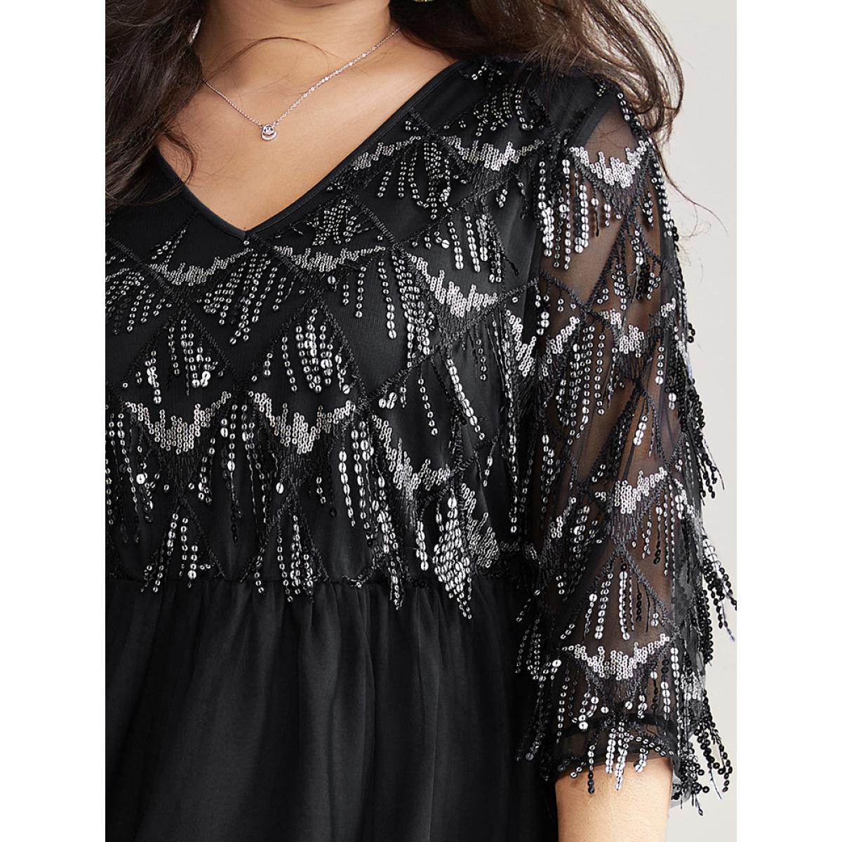Plus Size Sequin Tassels Plisse Patchwork Mesh Knee Dress Black Women Cocktail Sequin V-neck Elbow-length sleeve Curvy Midi Dress BloomChic 14-16/1X Product Image