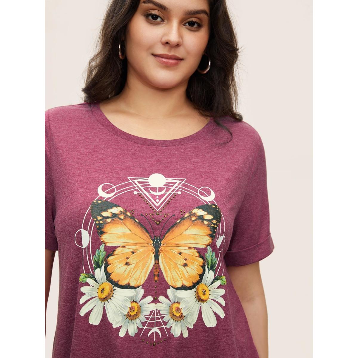 Plus Size Natural Flowers & Butterfly Print Rhinestone T-shirt Burgundy Women Casual Rhinestone detailing Animals Everyday T-shirts BloomChic 10/M Product Image