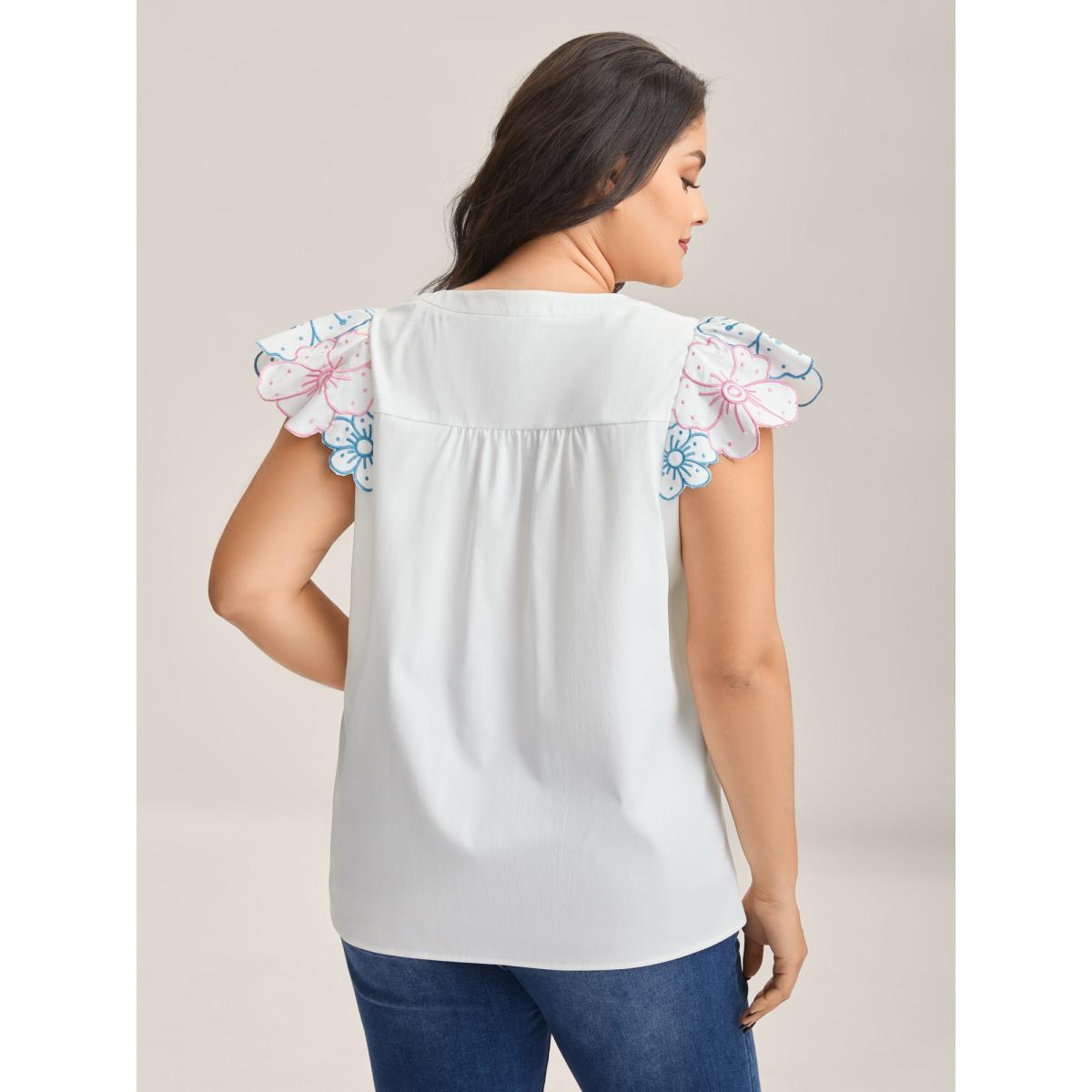 Plus Size Originalwhite Floral Lotus Leaf Sleeve Split Neck Blouse Women Cap Sleeve Notched collar Casual Blouses BloomChic 10/M Product Image