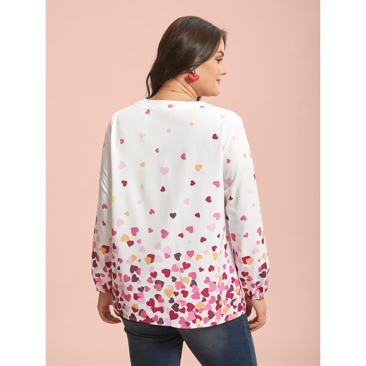 Plus Size WhiteSmoke Notched Collar Multi-Color Hearts Blouse Women Timeless Extra Long Sleeve Flat collar with V-notch Elegant Blouses BloomChic 14-16/1X Product Image