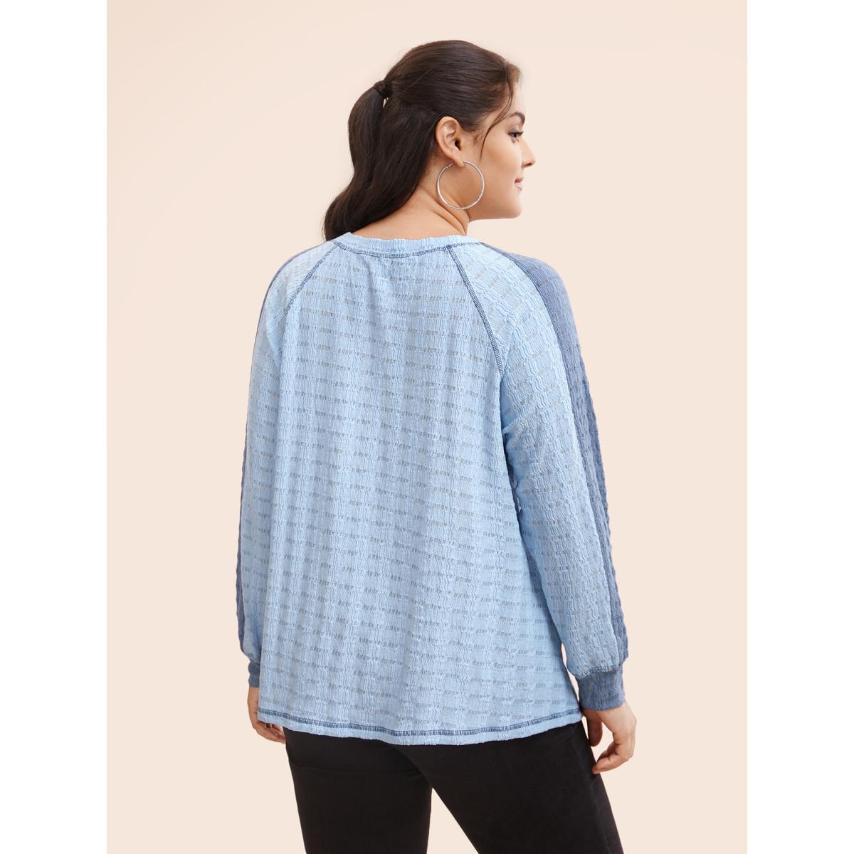 Plus Size Contrast Patchwork Texture Raglan Sleeve T-shirt LightBlue Women Casual Texture Round Neck Everyday T-shirts BloomChic 30/6X Product Image