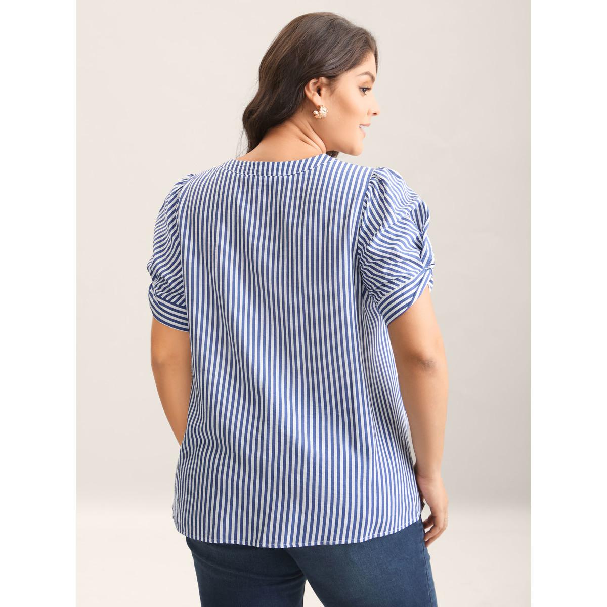 Plus Size DarkBlue Stripes Knotted Sleeve Notched Collar Blouse Women Office Short sleeve Notched collar Office Blouses BloomChic 26/4X Product Image