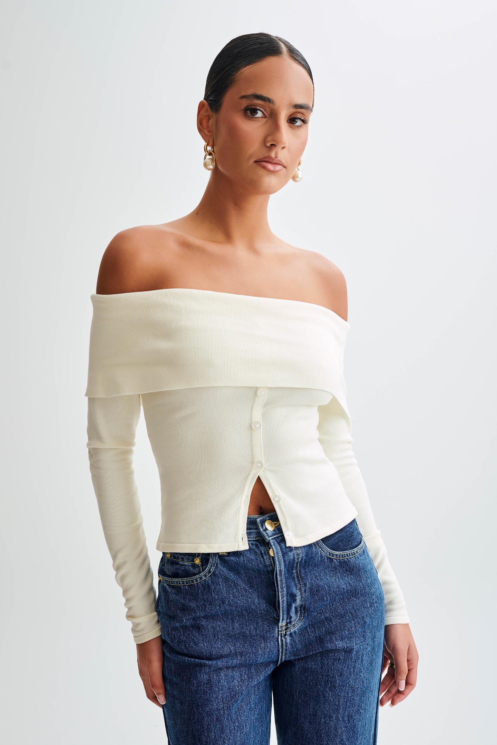 Diedre Buttoned Off Shoulder Knit Top - White Product Image