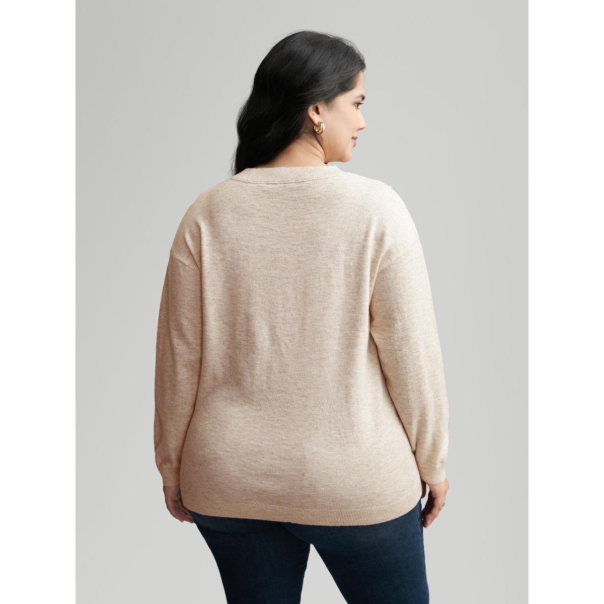 Plus Size Round Neck Pearl Beaded Pullover Apricot Women Leisure Long Sleeve Round Neck Casual Pullovers BloomChic 22-24/3X Product Image