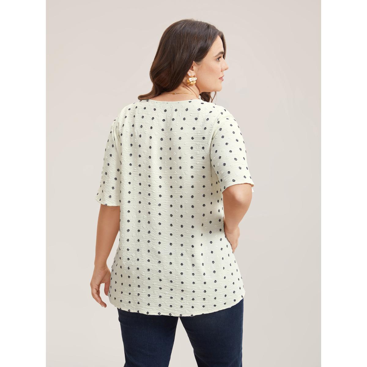 Plus Size Beige Textured Polka Dot Print Flared Sleeve Shirt Women Retro Short sleeve V-neck Elegant Blouses BloomChic 12/L Product Image