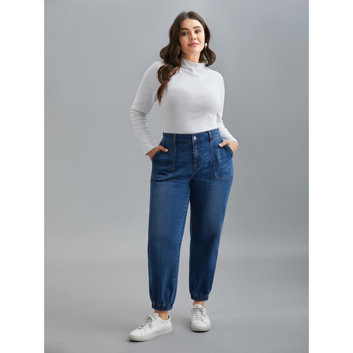 Plus Size Elastic Cuffs Adjustable Waist Straight Jeans Women Midblue Casual Button Medium stretch Slanted pocket Jeans BloomChic 22/3X Product Image