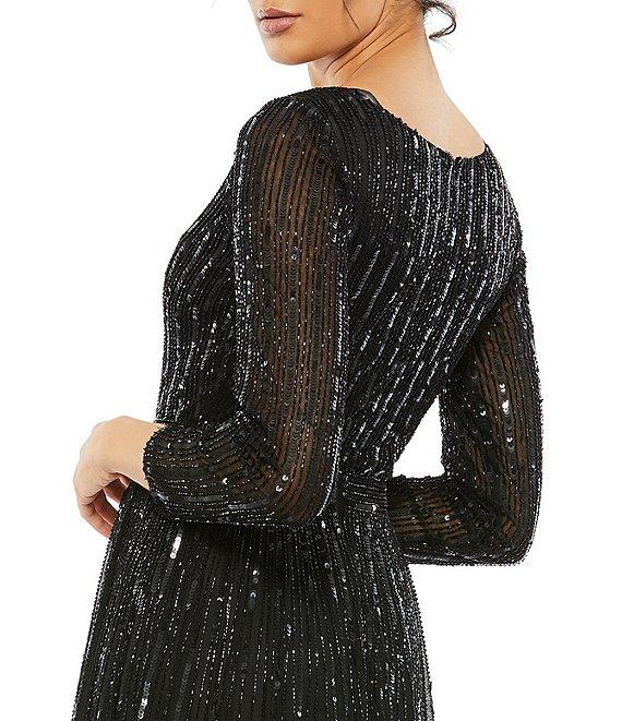 Mac Duggal Long Sleeve V-Neck Sequin A-Line Gown Product Image