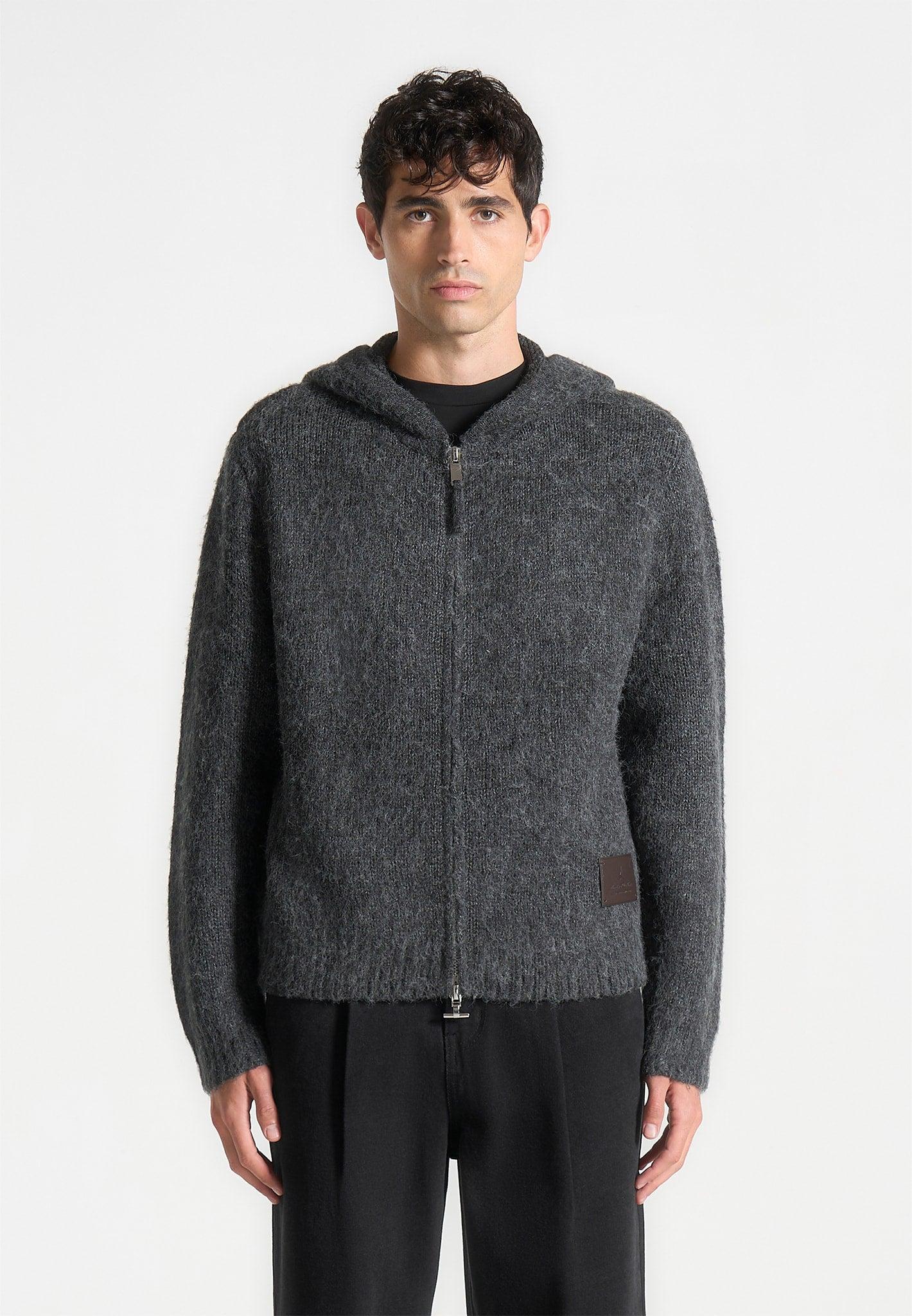 Mohair-Blend Zip Through Hoodie - Charcoal Grey Male Product Image