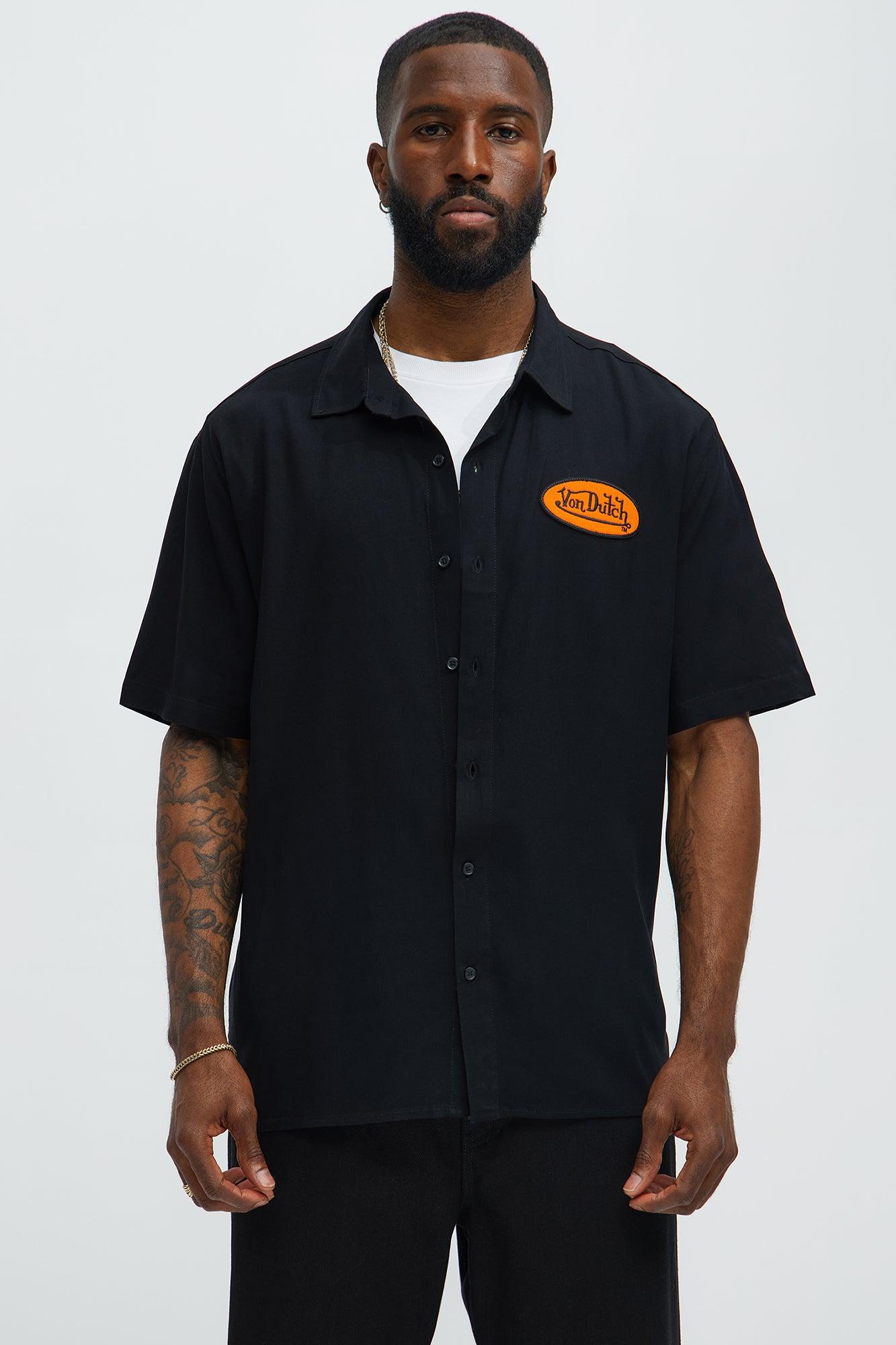 Von Dutch Front And Back Graphic Short Sleeve Button Up Shirt - Black Male Product Image