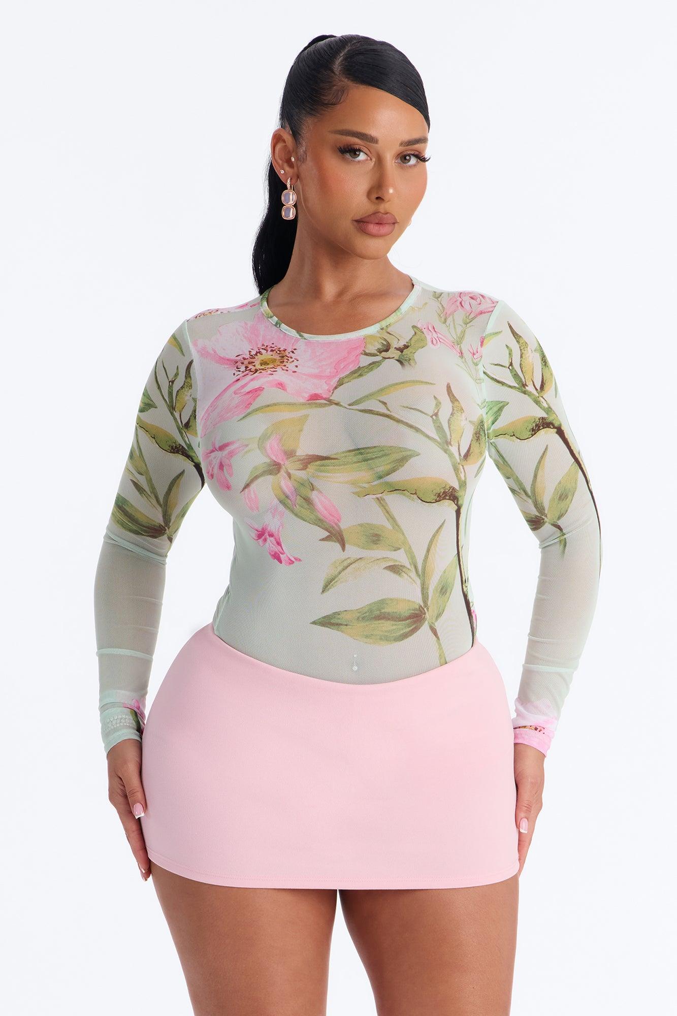 Lover's Garden Mesh Long Sleeve Bodysuit - Mint/combo Female Product Image
