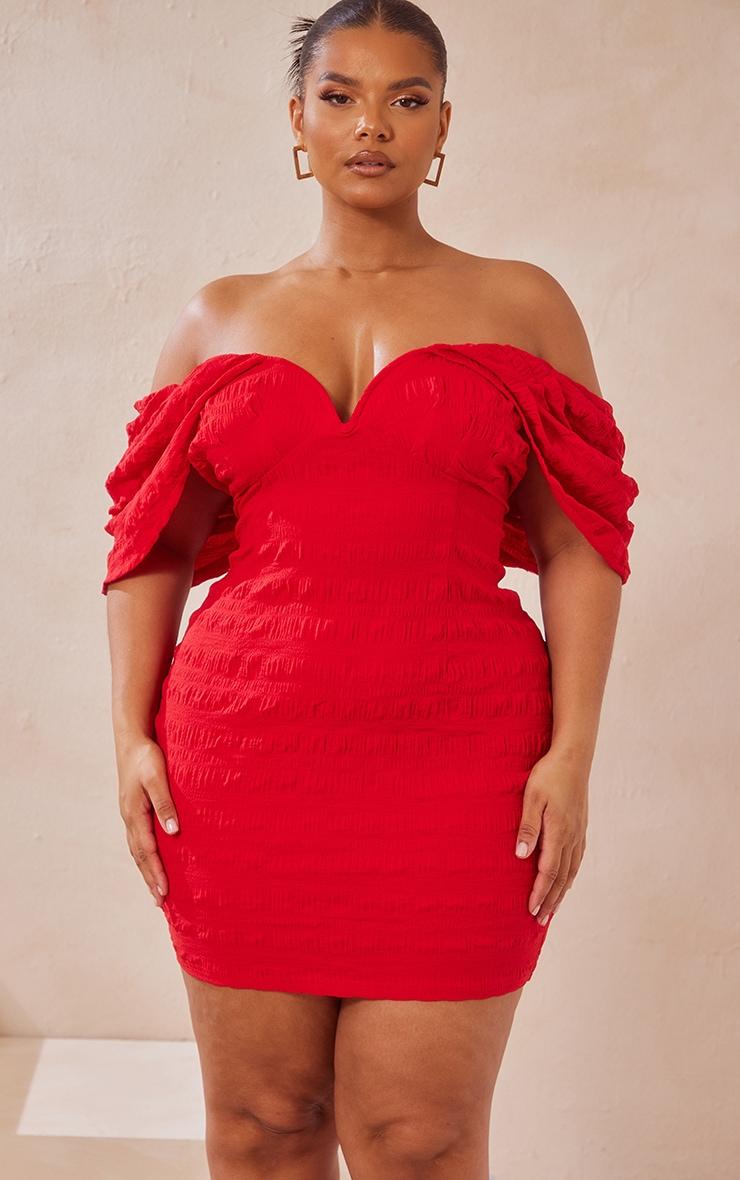 Plus Red Textured V Bar Bodycon Dress Product Image