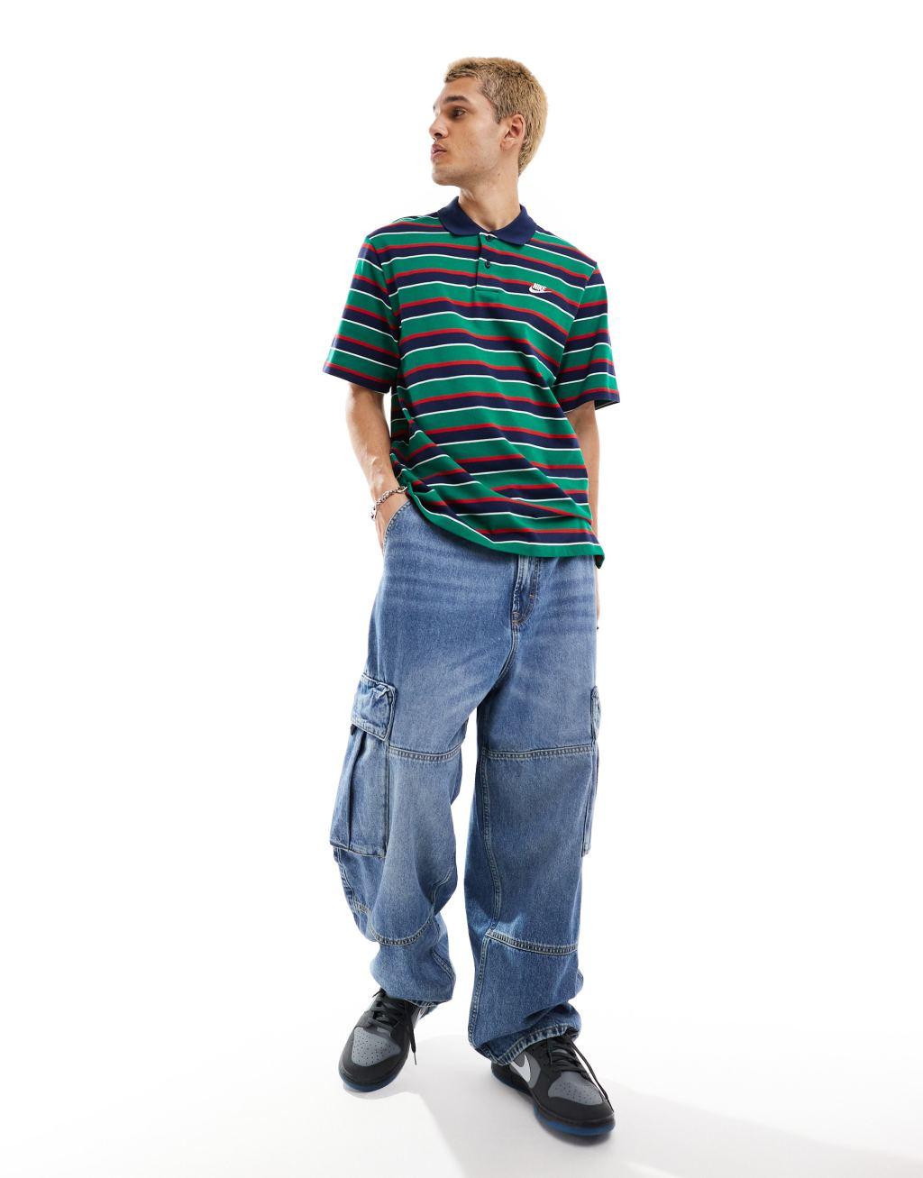 Nike Club striped polo shirt in navy and green Product Image