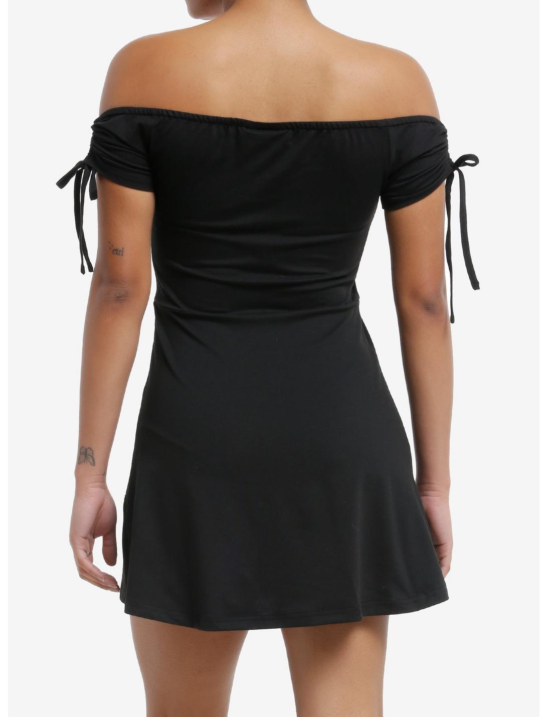 Cosmic Aura Black Ruched Off-The-Shoulder Dress Product Image