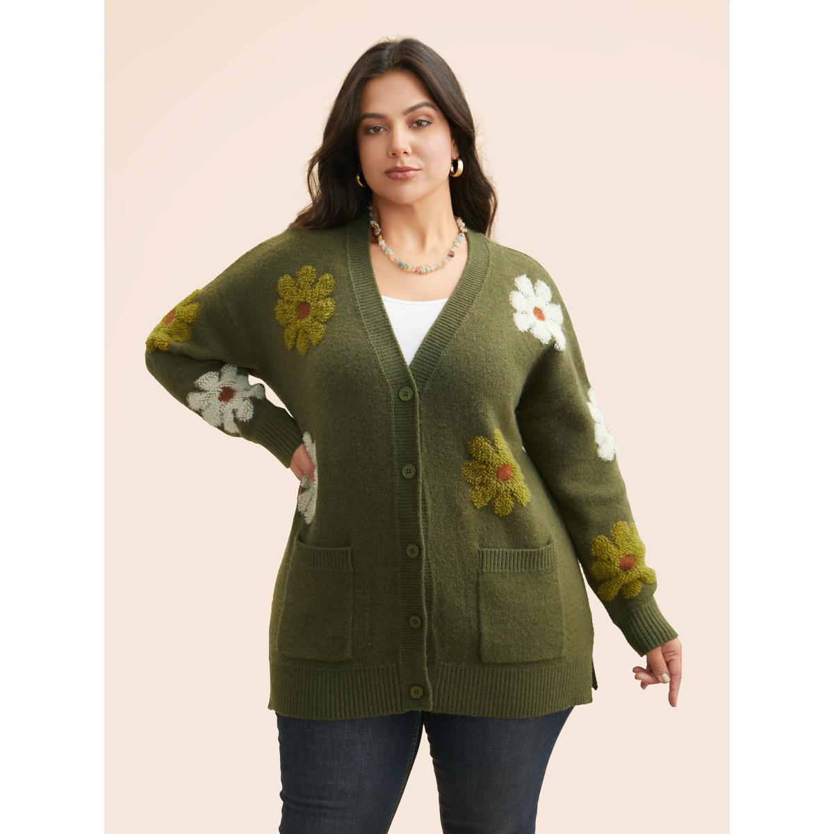 Plus Size Floral Texture Slit Hem Patch Pocket Cardigan ArmyGreen Women Casual Loose Long Sleeve Everyday Cardigans BloomChic 18-20/2X Product Image