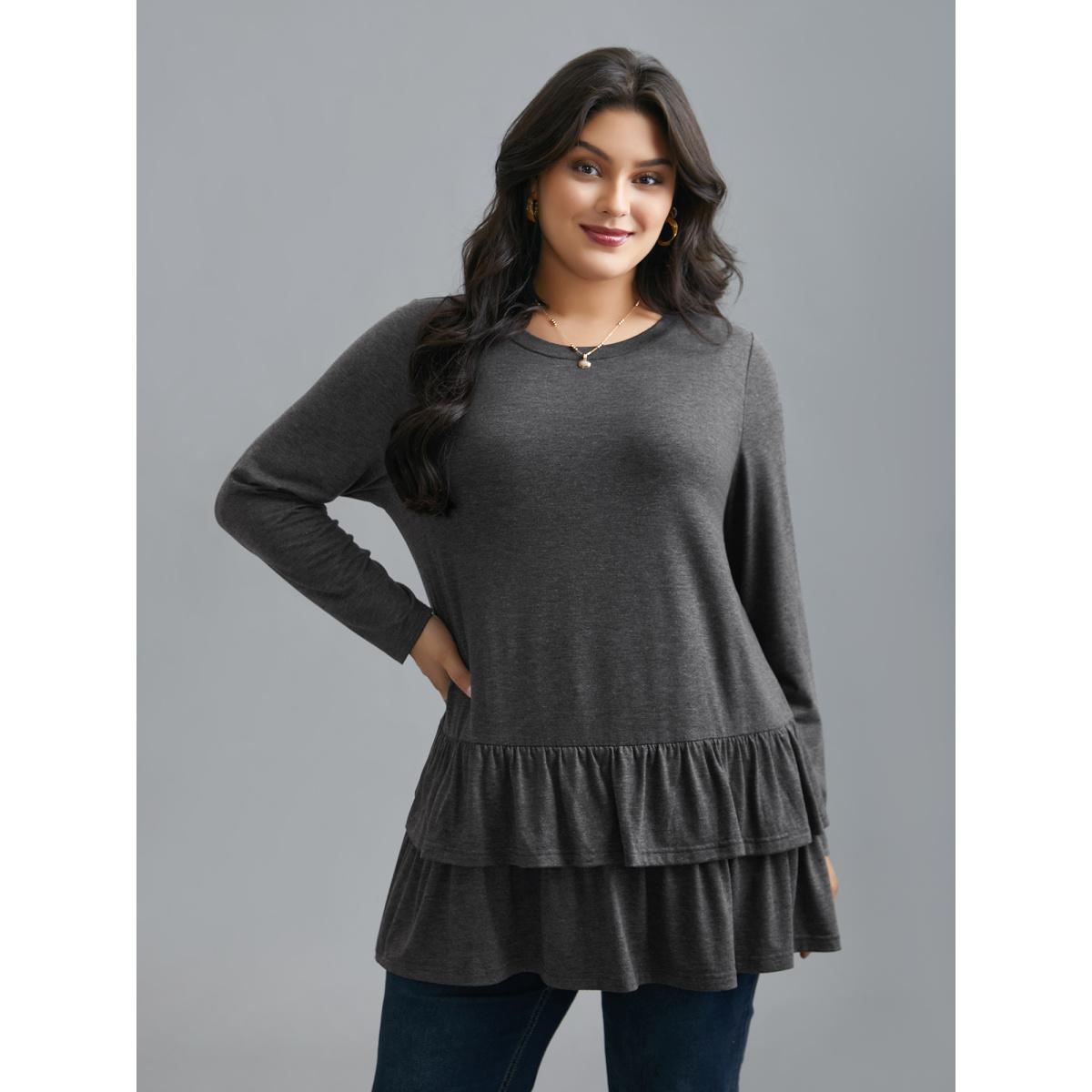 Plus Size Round Neck Tiered Ruffles Hem T-Shirt DimGray Women Elegant Gathered Round Neck Everyday T-shirts BloomChic 12/L Product Image