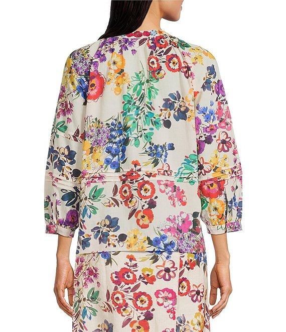 JOHNNY WAS Embroidery Pintuck Pleat Detail Mixed Floral Print V-Neck 3/4 Sleeve Cotton Coordinating Blouse Product Image