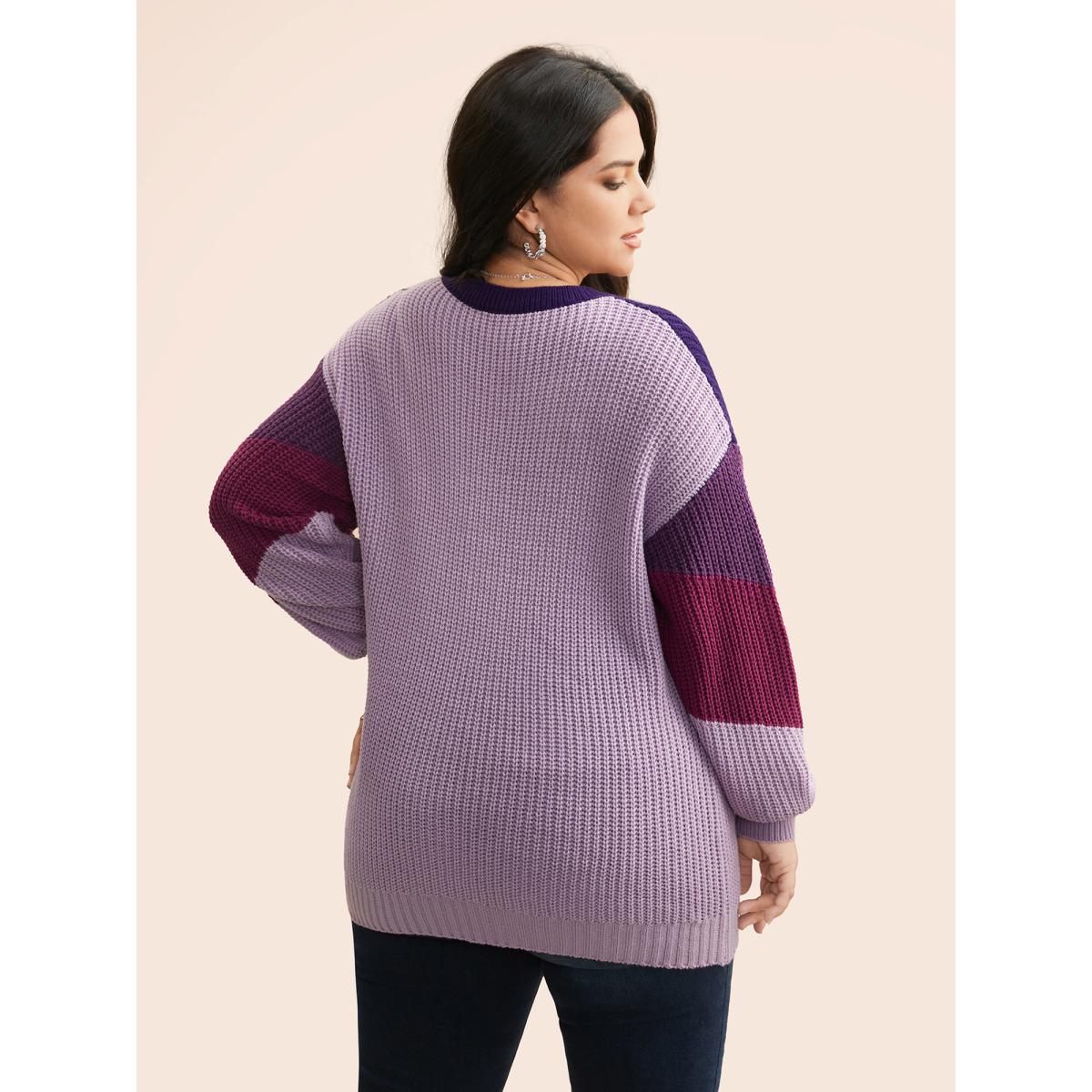 Plus Size Colorblock Contrast Drop Shoulder Sleeve Pullover Deeppurplered Women Casual Long Sleeve Round Neck Everyday Pullovers BloomChic 18-20/2X Product Image