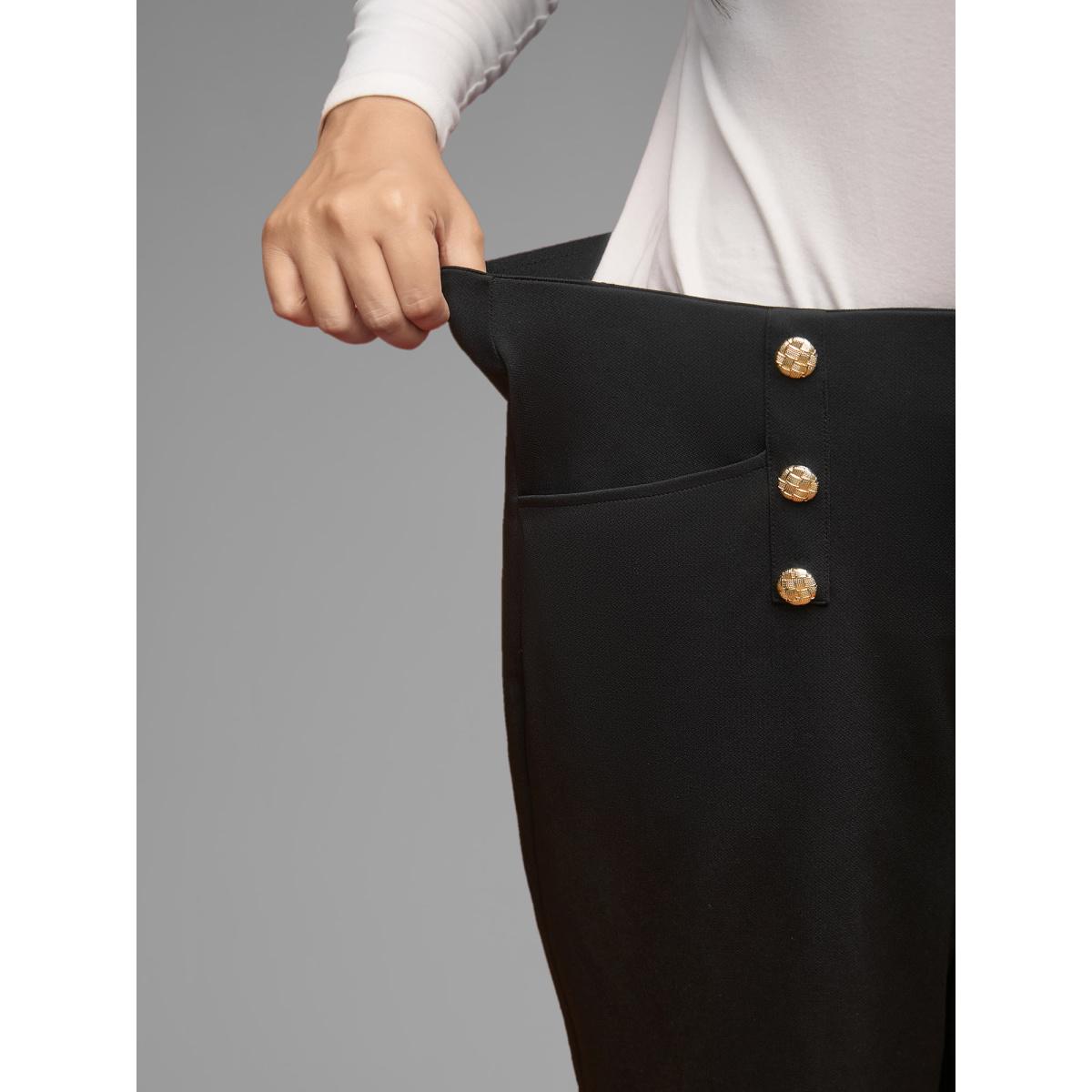 Plus Size Buckle Detail Wide-Leg Pants Women Black Formal Wide Leg High Rise Party Pants BloomChic 12/L Product Image