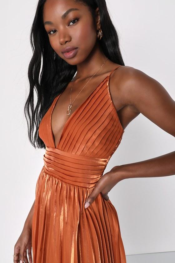 Romantic Aesthetic Shiny Rust Orange Pleated Midi Dress Product Image