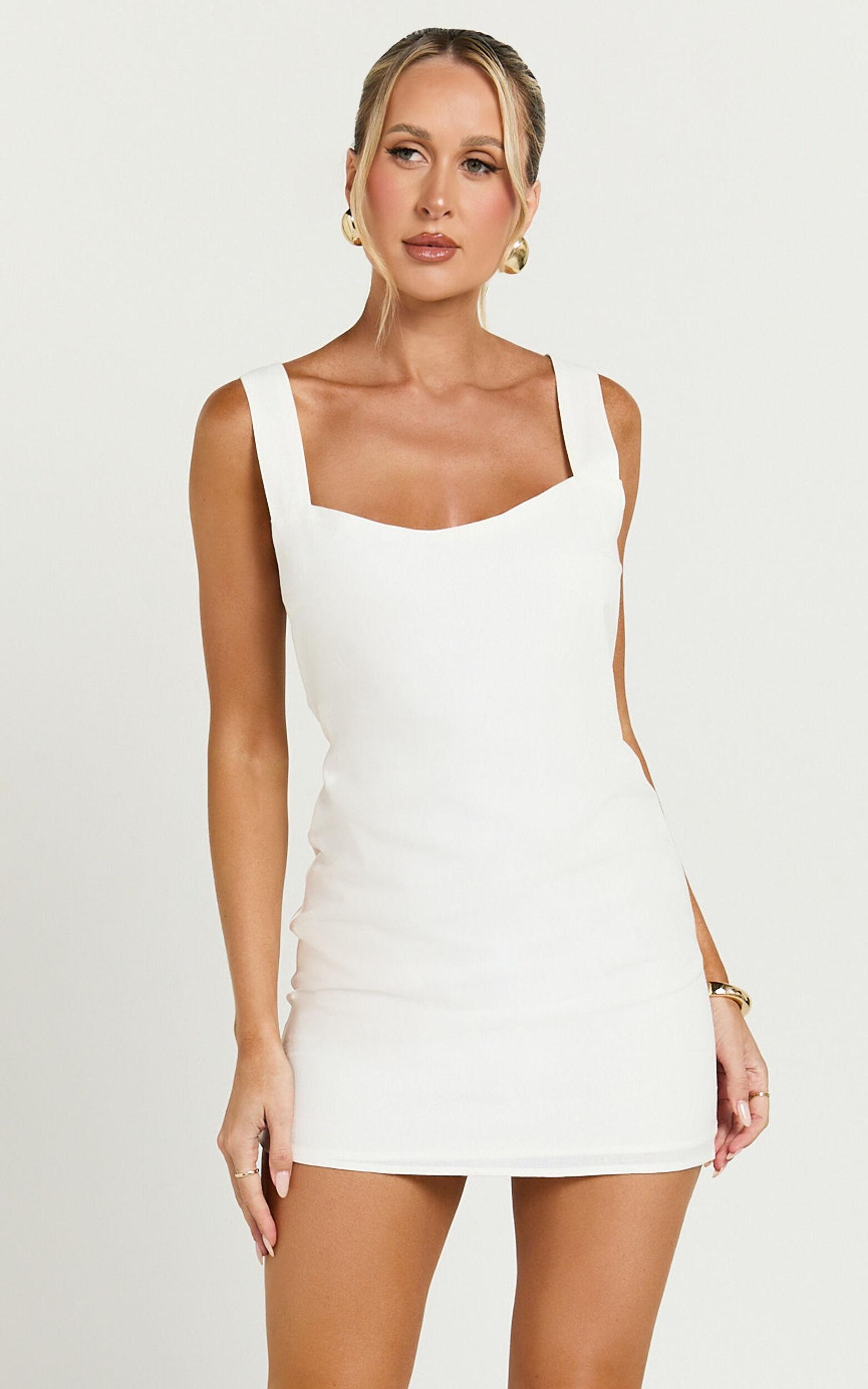 Kat Mini Dress - Linen Square Neck Dress in Off White Product Image