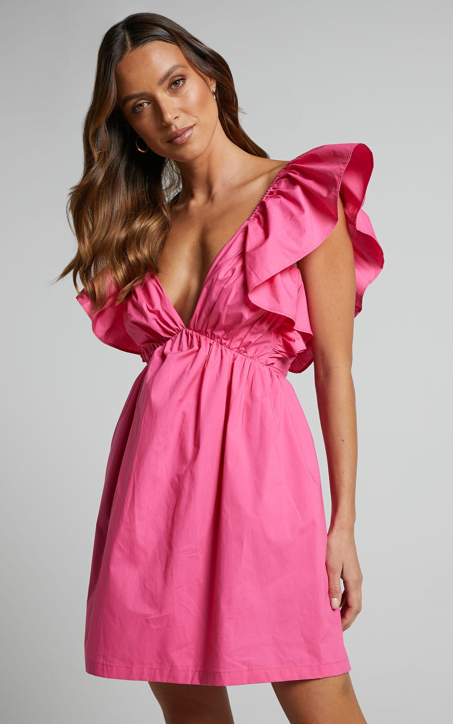 Raiza Mini Dress - Ruffle Sleeve Tie Back Plunge Dress in Fuchsia Product Image