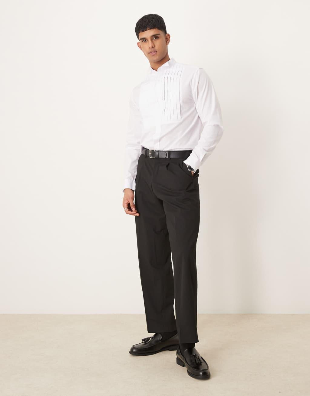 ASOS DESIGN formal wing collar regular shirt with pleated bib front in white Product Image