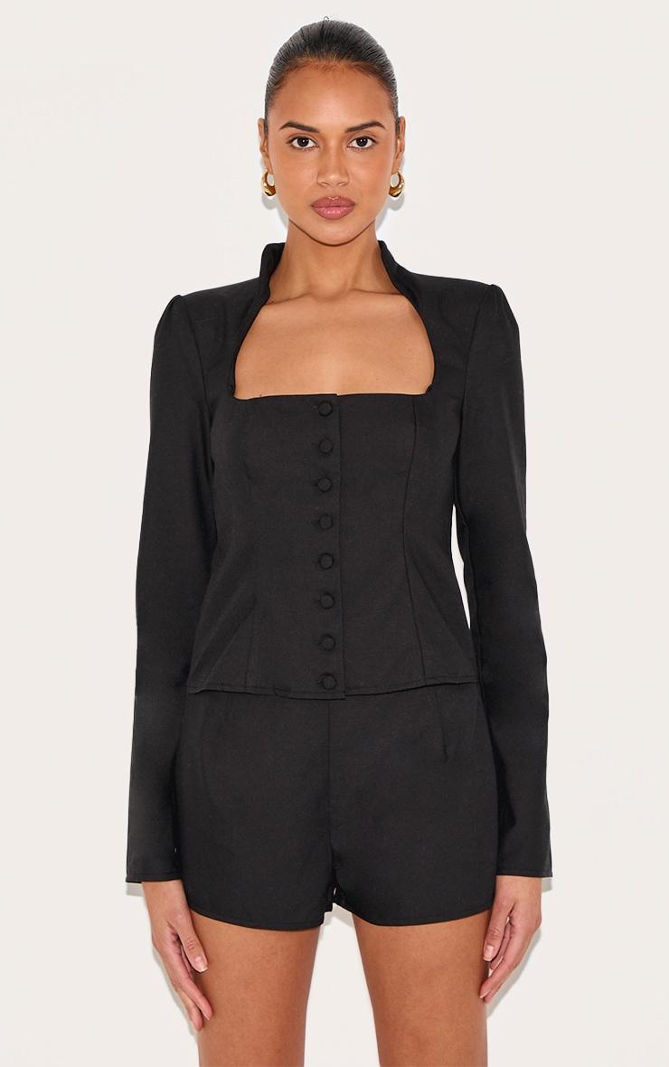  Black Woven Scoop Neck Button Detail Romper Product Image