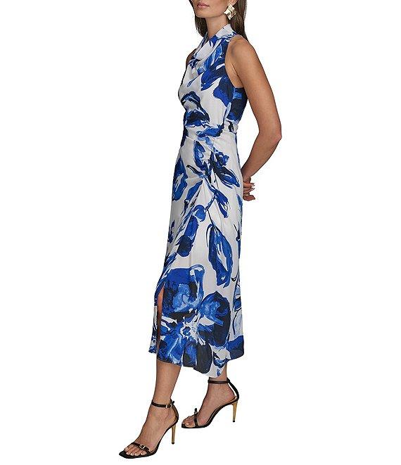 Donna Karan Cowl Neck Floral Print Asymmetric Hem Midi Dress Product Image