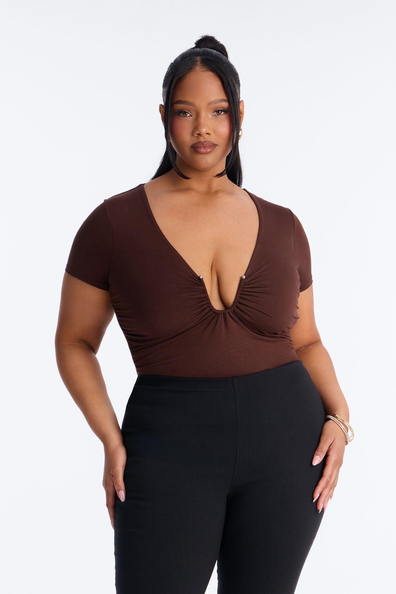 Danielle Deep V Neck Short Sleeve Bodysuit - Brown Female Product Image