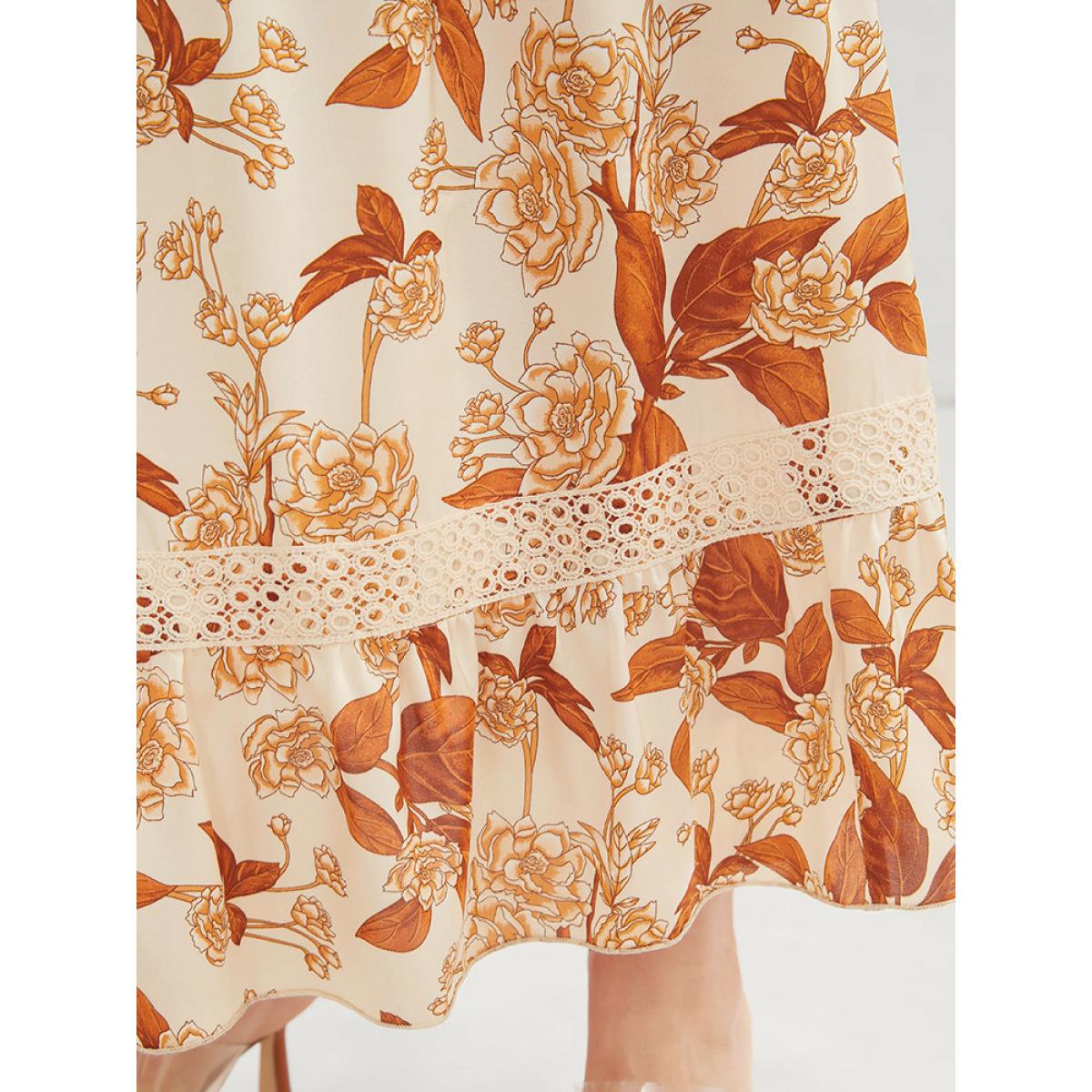 Plus Size Floral Printed Crochet Lace Pocket Flutter Maxi Dress Chocolate Women Elegant Gathered V-neck Half Sleeve Curvy Long Dress BloomChic 30/6X Product Image