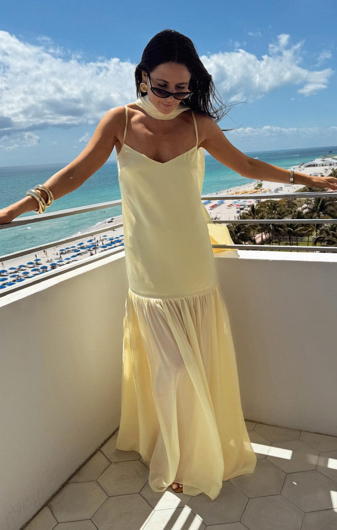 Dalia Maxi Dress ~ Pale Yellow Luxe Satin Product Image